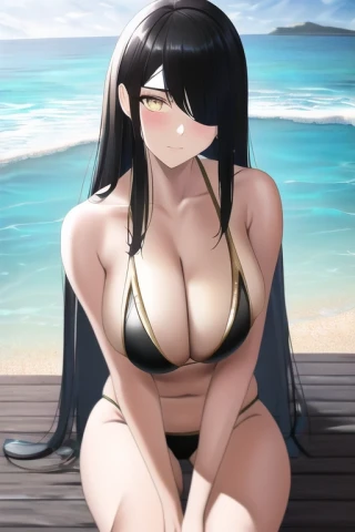 스트레이트 헤어, 마스크, 바다, 키가 큰, 해변, 명작, 다리 사이의 손, 수영복